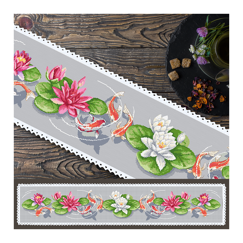 Cross stitch pattern for smartphone - Long table runner with water lilies