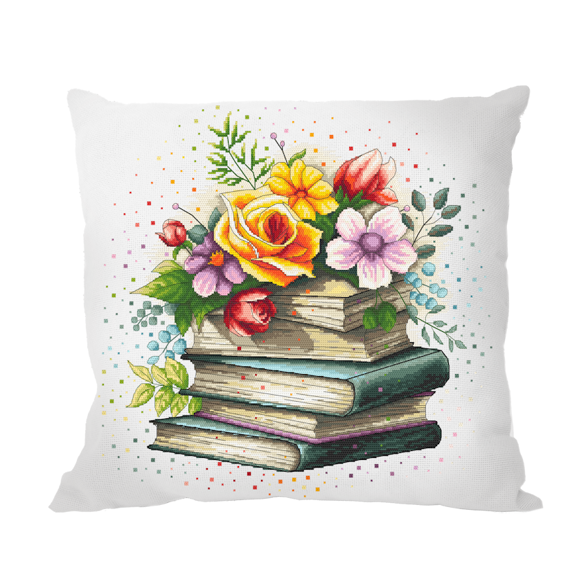 Cross stitch pattern for smartphone - Cushion - Flower pile of books