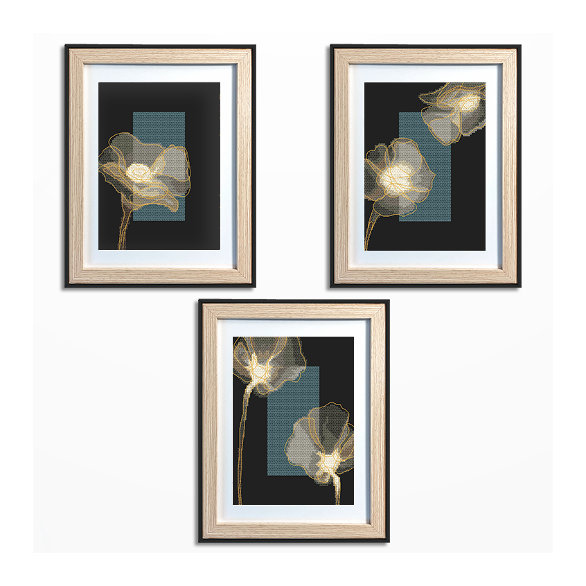 Vzor na vyšívání na mobil - Křišťálové květiny - triptych