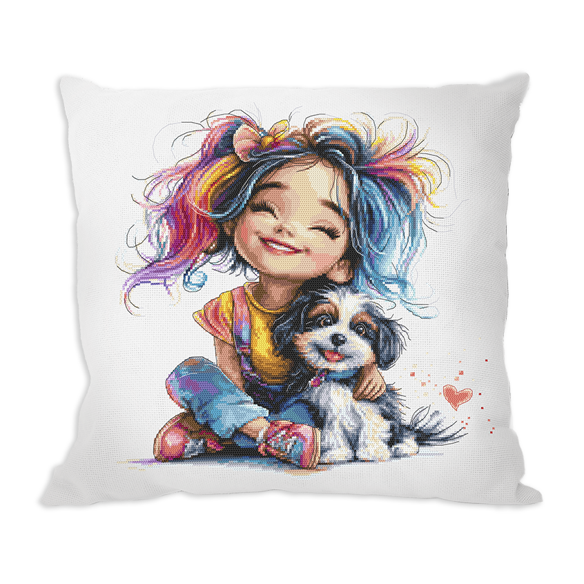 Cross stitch pattern for a phone - Cushion - Colorful girl with a dog