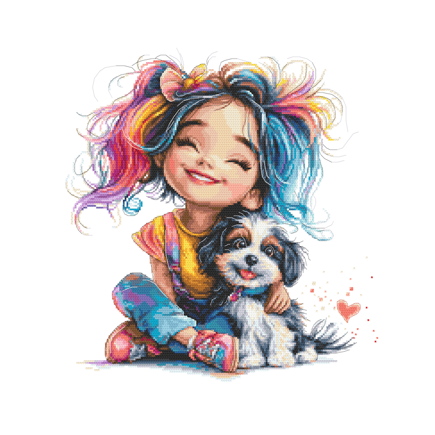 Cross stitch pattern for a phone - Colorful girl with a dog