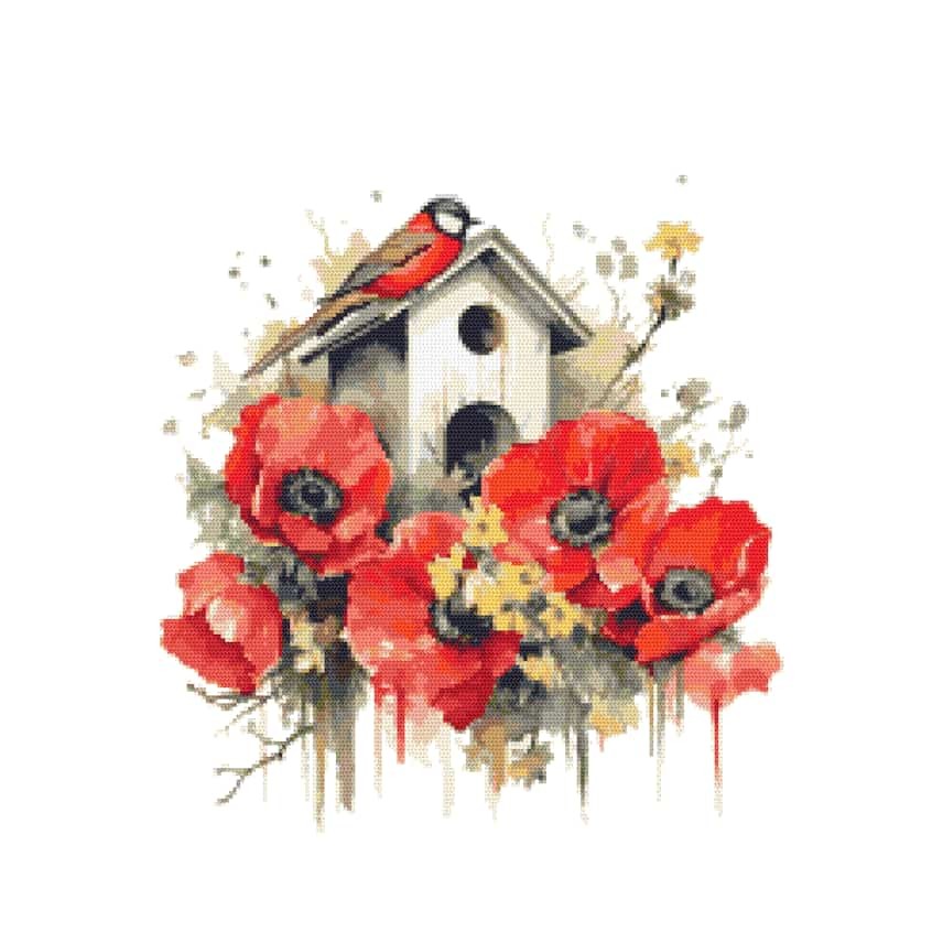 Cross stitch pattern for a phone - Bird house with poppies