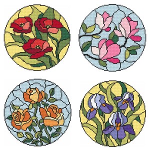 SET7 Set of cross stitch kits - Stained glass flowers - 3+1 for free