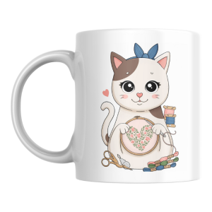 KUB-05 White mug - Cross stitching cat