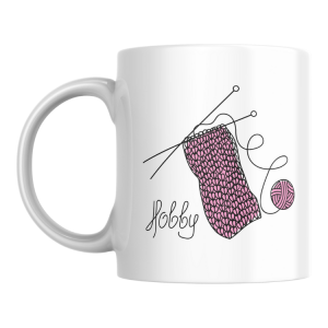 KUB-06 White mug - Knitting needles and yarn