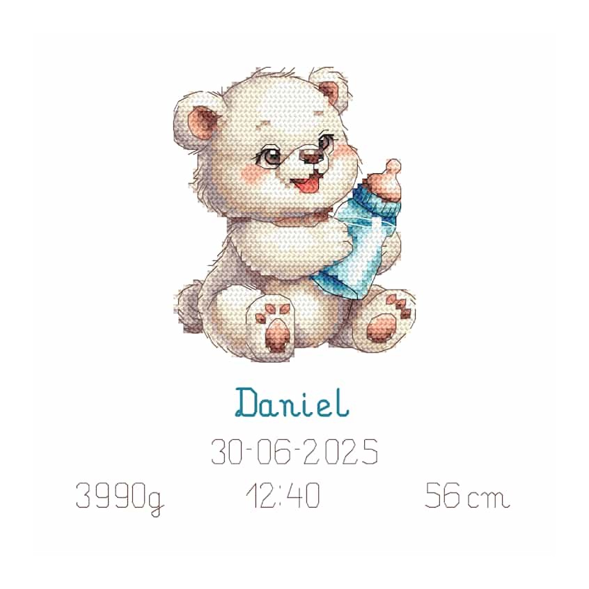 Cross stitch pattern for a phone - Birth certificate - Teddy bear with a bottle